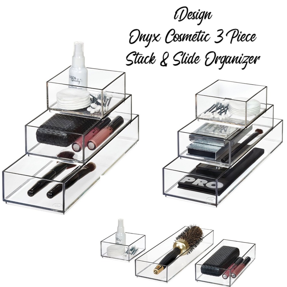 iDesign Onyx Acrylic Cosmetic Organizer Bundle Collection 3pcs Stack & Slide Bin